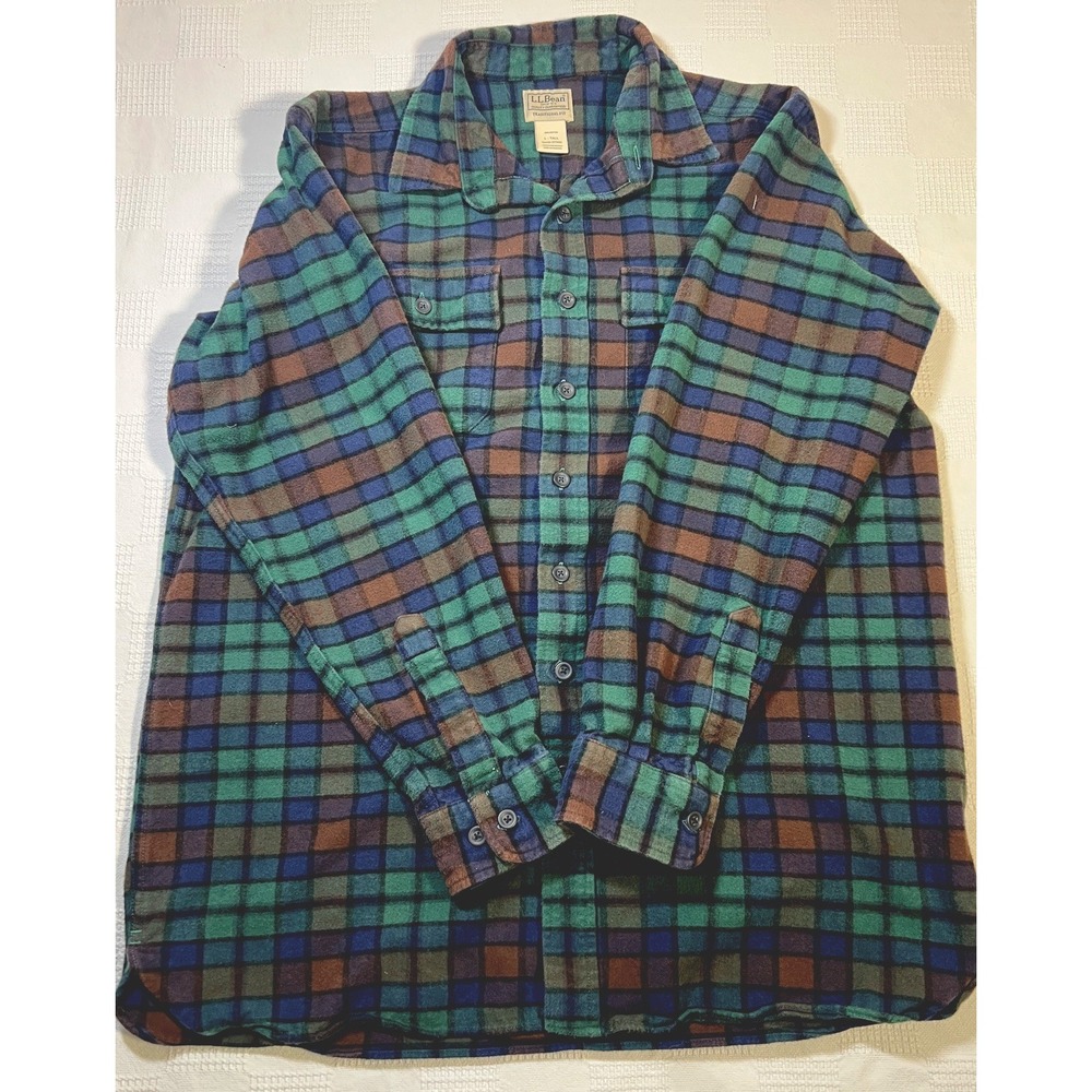 LL Bean Mens Flannel Shirt L Tall Button Up Green Brown Blue Traditional Fit